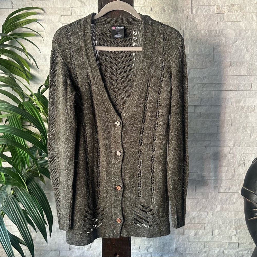 Sherpa Moss Green Crochet Knit V Neck Cardigan Size Large